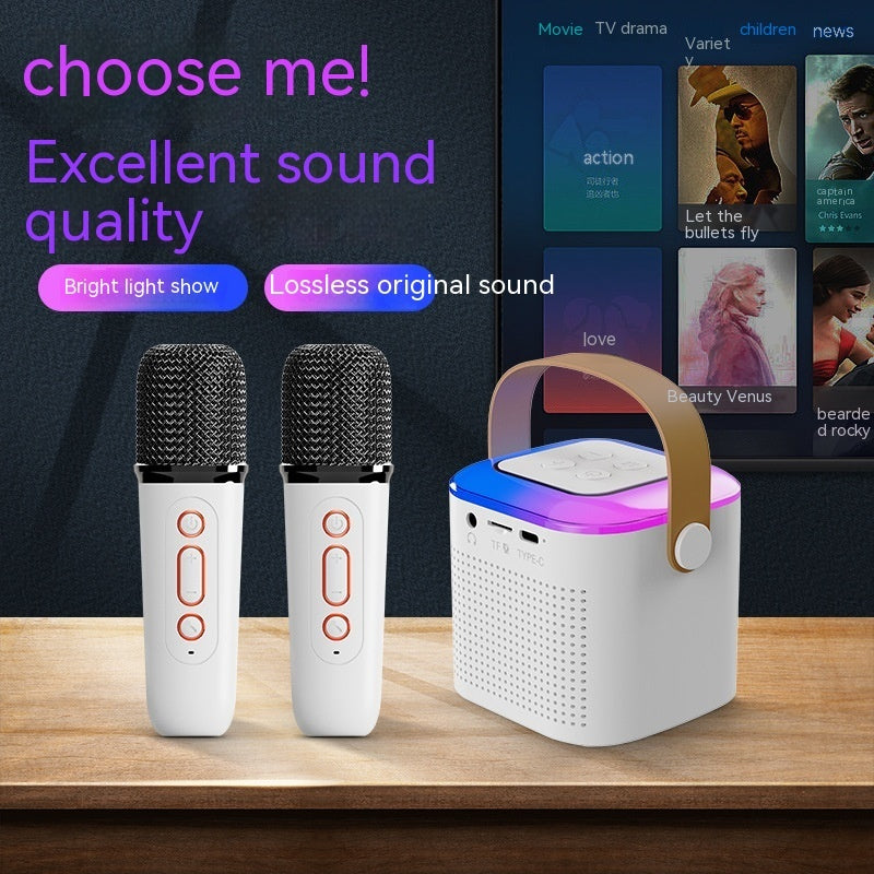 Microphone Karaoke Machine Bluetooth-compatible Speaker With 2 Wireless Mic RGB Light Home Family Singing Speaker - Opulencia #