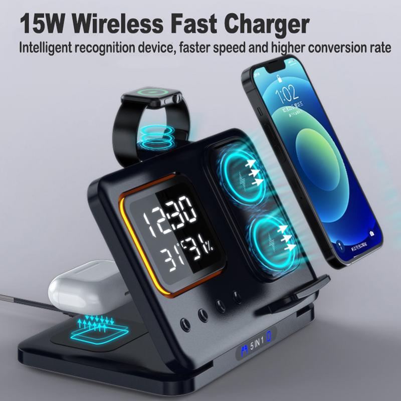 Wireless Charging Stand - 5 In1 LED Digital Alarm Clock and Fast Charging Dock Station - Opulencia