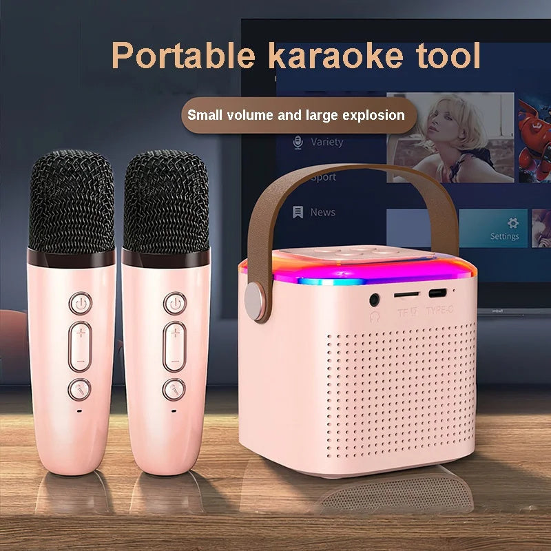 Microphone Karaoke Machine Bluetooth-compatible Speaker With 2 Wireless Mic RGB Light Home Family Singing Speaker - Opulencia #