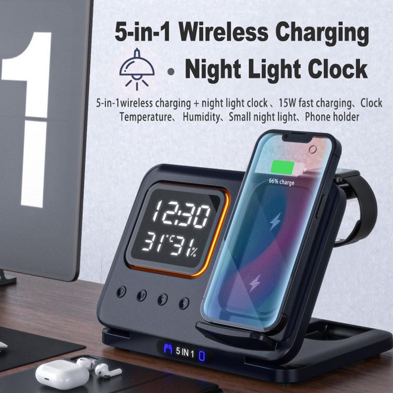 Wireless Charging Stand - 5 In1 LED Digital Alarm Clock and Fast Charging Dock Station - Opulencia
