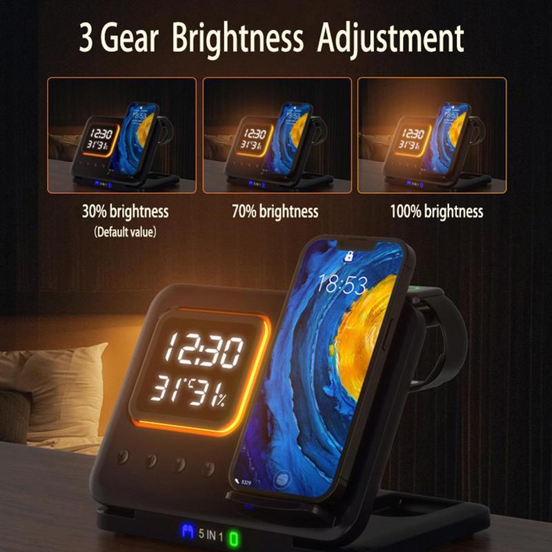 Wireless Charging Stand - 5 In1 LED Digital Alarm Clock and Fast Charging Dock Station - Opulencia